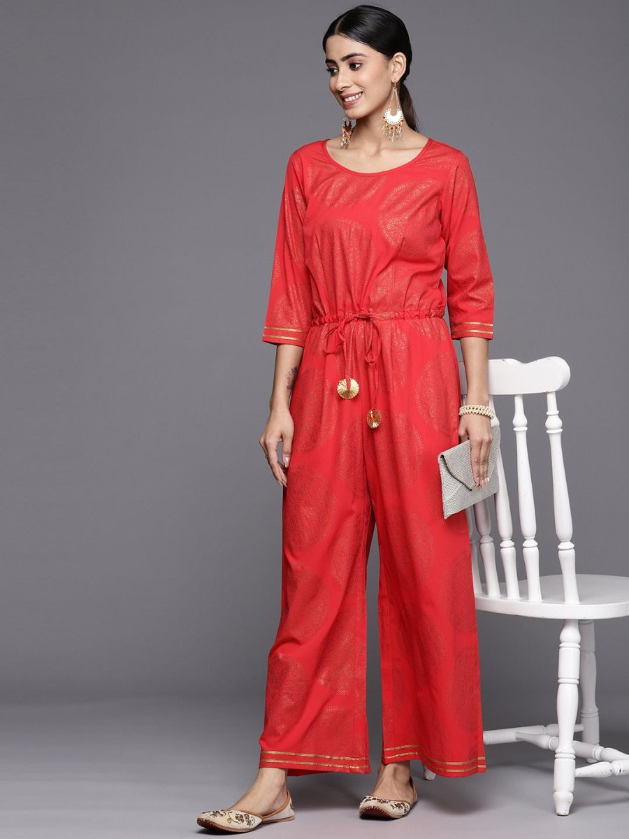 Ahalyaa Printed Crepe Basic Jumpsuit With Waist Tie-Ups - Distacart
