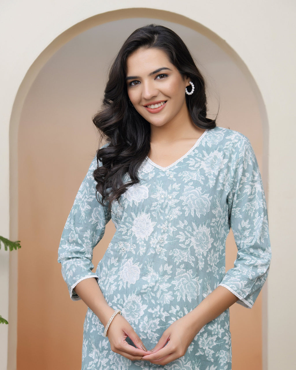 Vaasva Women Mint Cotton Printed Straight Kurti