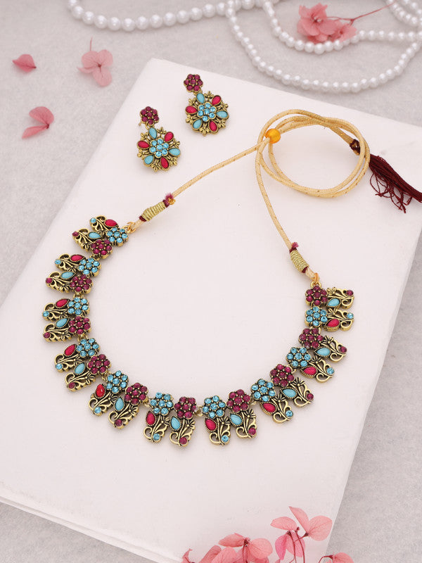Tehzeeb Creations Luxurious Gold Polished Sky Blue Color Choker Necklace Set With Matching Earrings