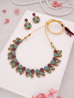Tehzeeb Creations Luxurious Gold Polished Sky Blue Color Choker Necklace Set With Matching Earrings