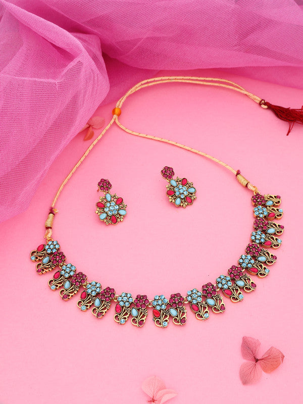 Tehzeeb Creations Luxurious Gold Polished Sky Blue Color Choker Necklace Set With Matching Earrings