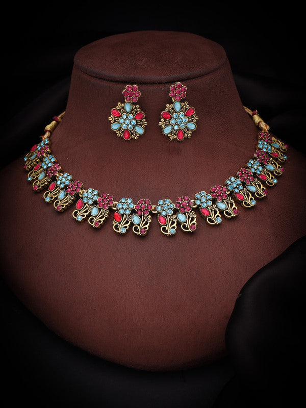Tehzeeb Creations Luxurious Gold Polished Sky Blue Color Choker Necklace Set With Matching Earrings