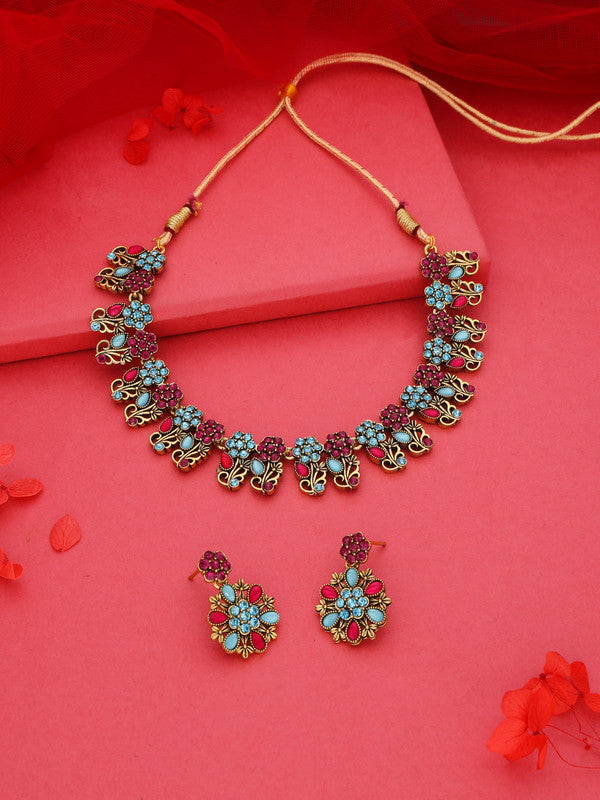 Tehzeeb Creations Luxurious Gold Polished Sky Blue Color Choker Necklace Set With Matching Earrings