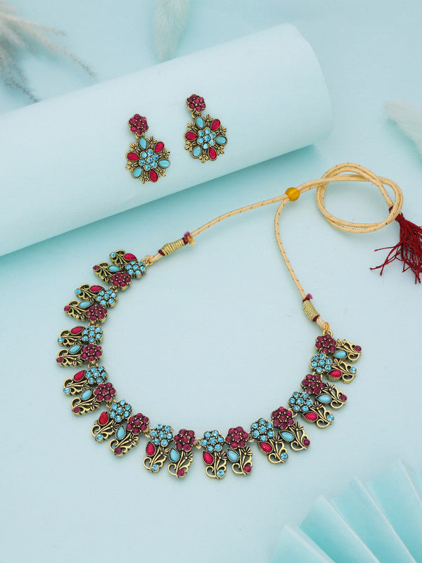 Tehzeeb Creations Luxurious Gold Polished Sky Blue Color Choker Necklace Set With Matching Earrings