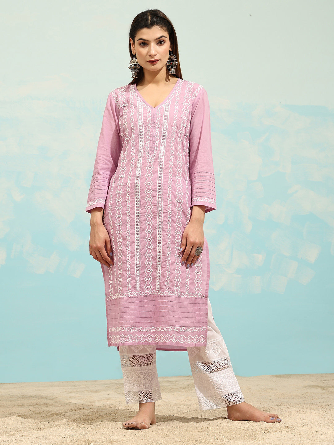 HOUSE OF KARI Cotton Floral Embroidered Chikankari Kurta