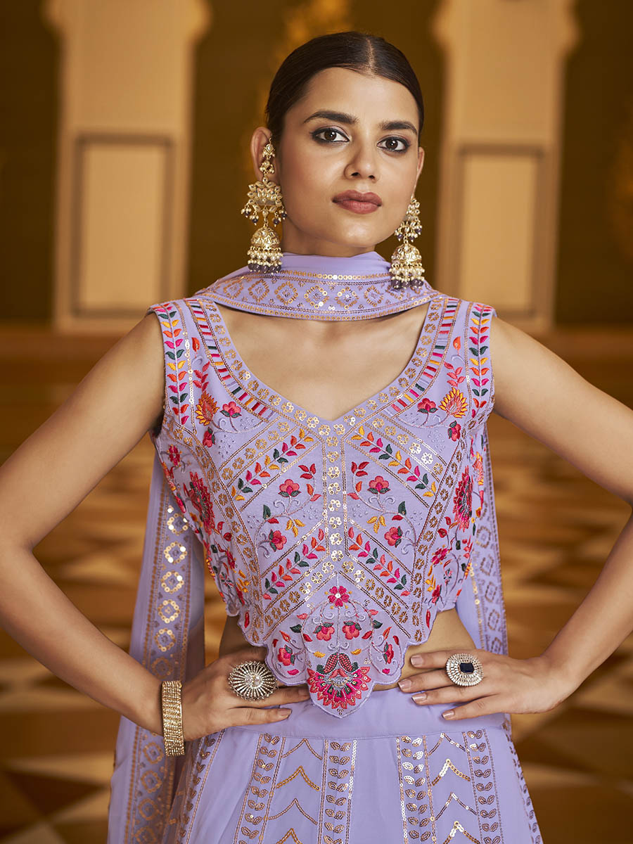 Myra Lavender Gorgette Embroidered Designer Lehenga Choli