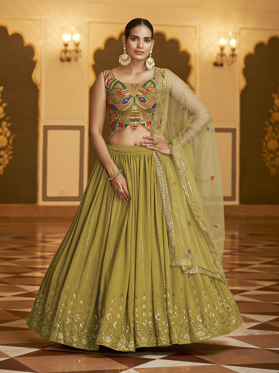 Myra Folurecent Green Gorgette Embroidered Designer Lehenga Choli