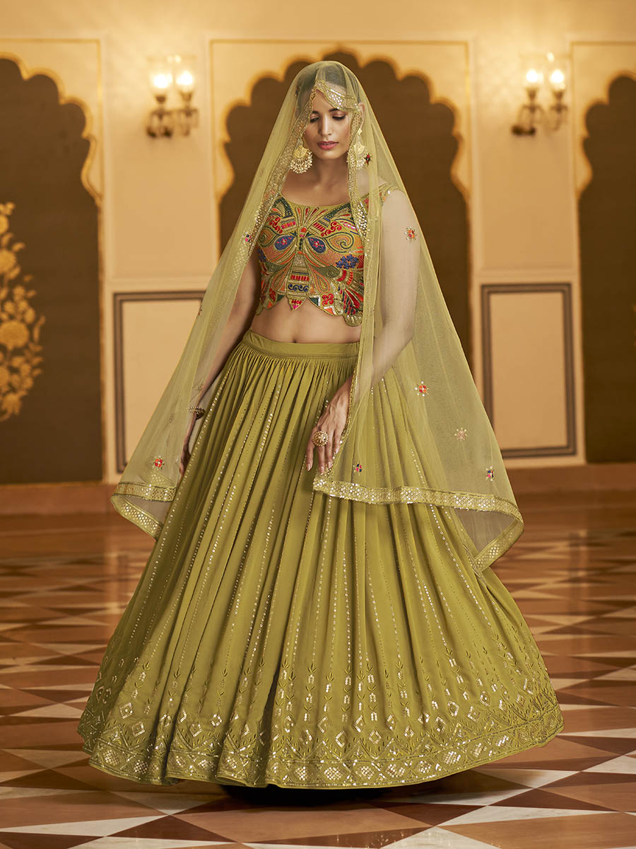 Myra Folurecent Green Gorgette Embroidered Designer Lehenga Choli