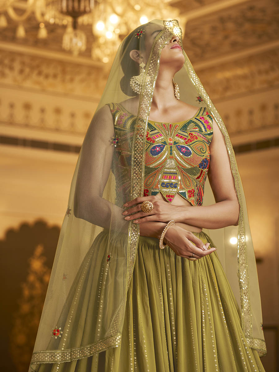 Myra Folurecent Green Gorgette Embroidered Designer Lehenga Choli