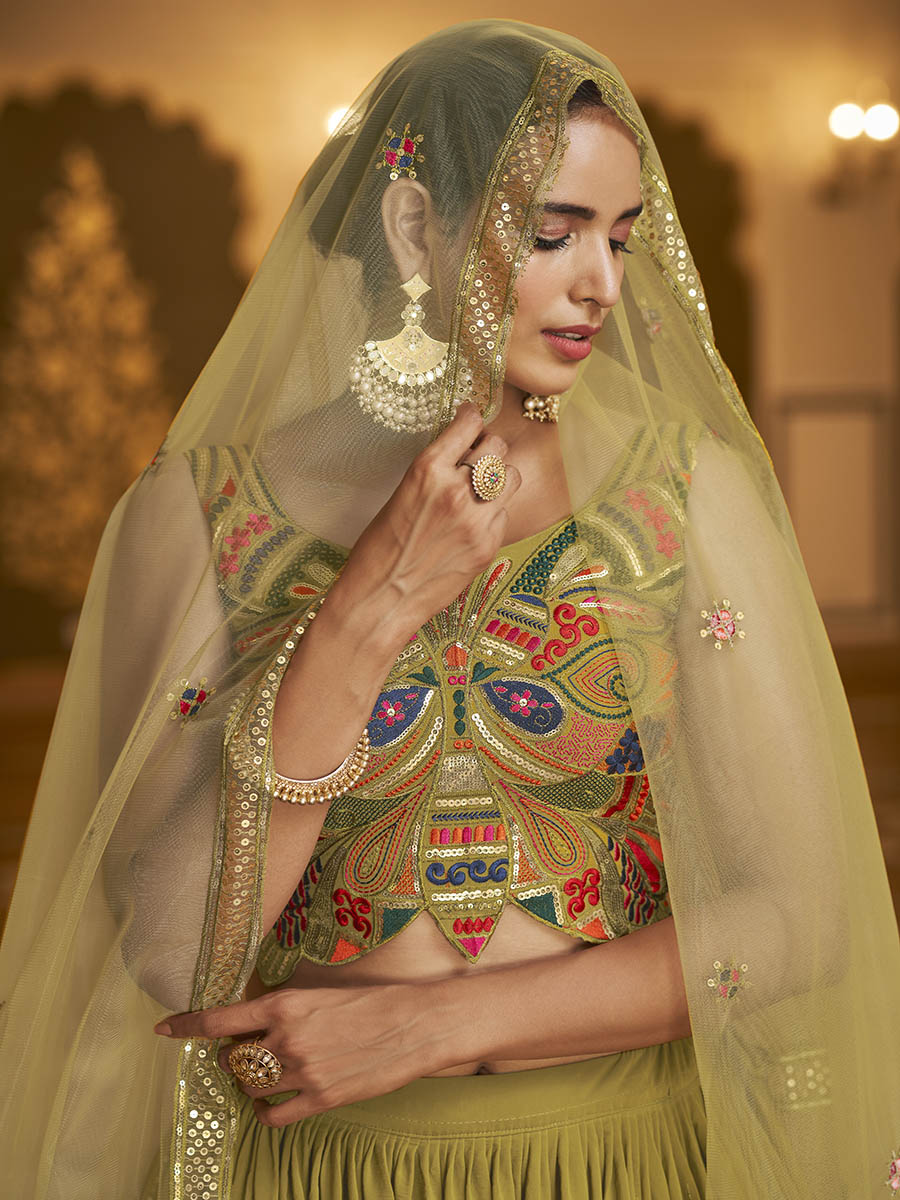 Myra Folurecent Green Gorgette Embroidered Designer Lehenga Choli
