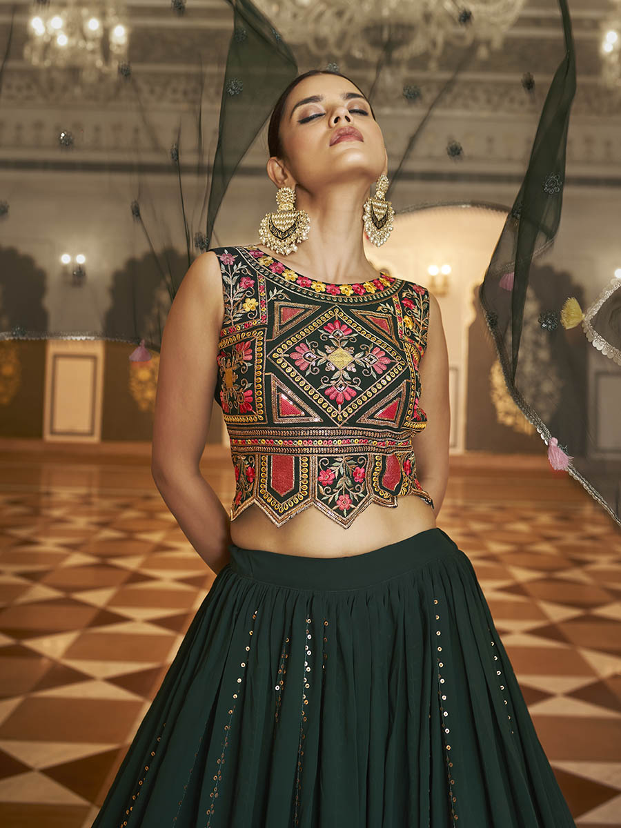 Myra Green Gorgette Embroidered Designer Lehenga Choli