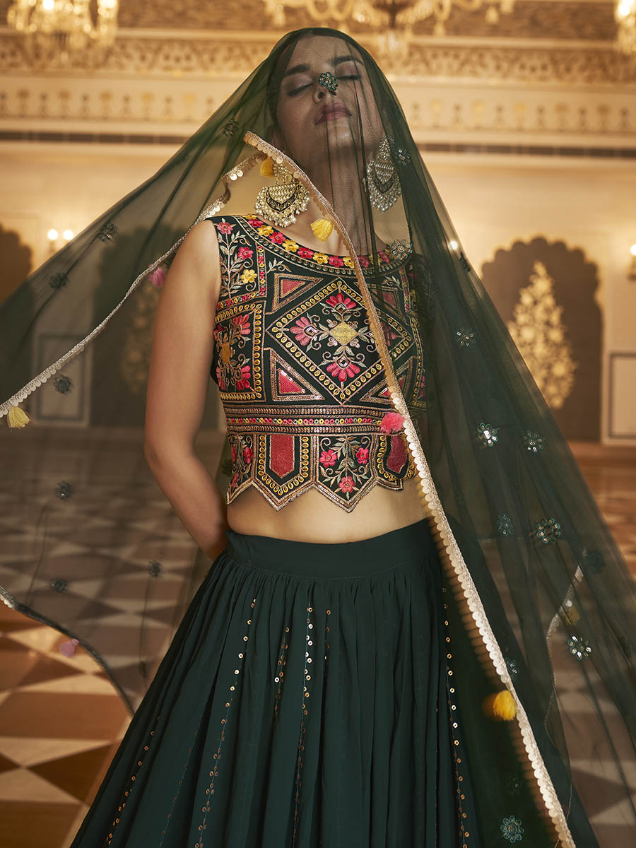 Myra Green Gorgette Embroidered Designer Lehenga Choli