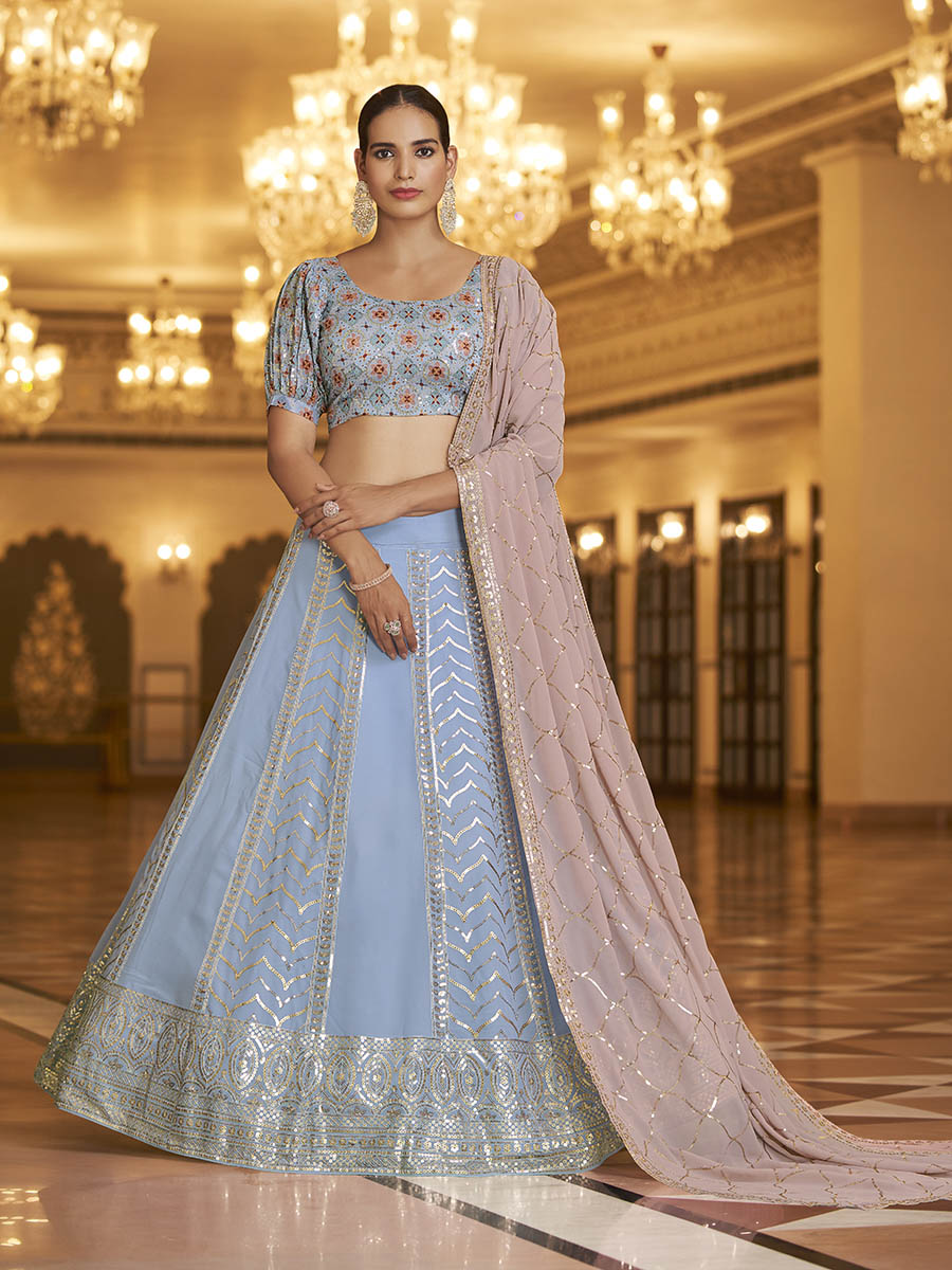 Myra Sky & Dusty Pink Gorgette Embroidered Designer Lehenga Choli