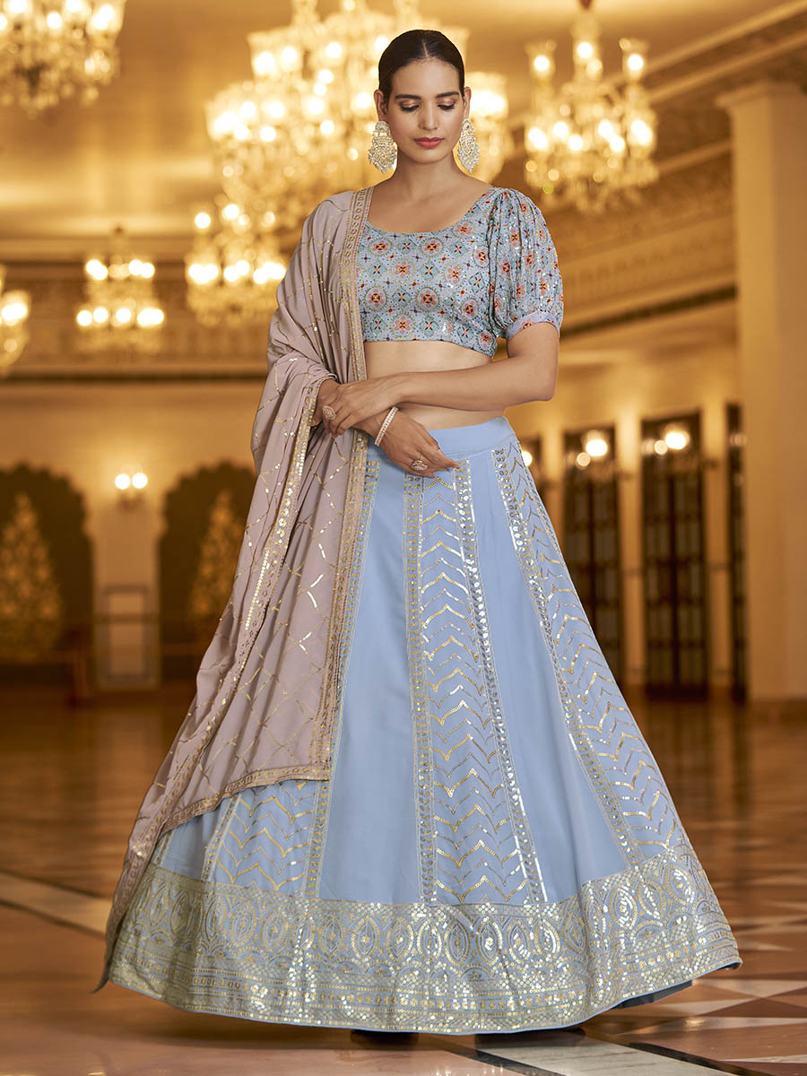 Myra Sky & Dusty Pink Gorgette Embroidered Designer Lehenga Choli