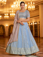 Myra Sky & Dusty Pink Gorgette Embroidered Designer Lehenga Choli