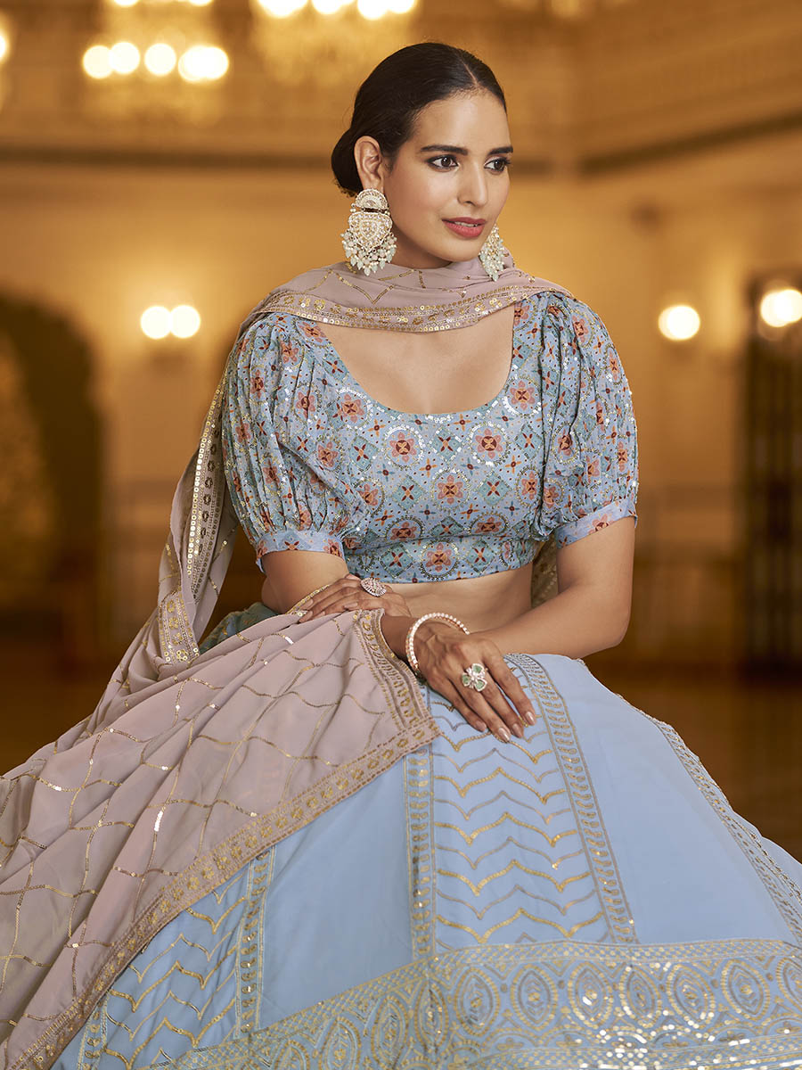Myra Sky & Dusty Pink Gorgette Embroidered Designer Lehenga Choli