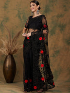 Sangria Black Floral Embroidered Saree - Distacart