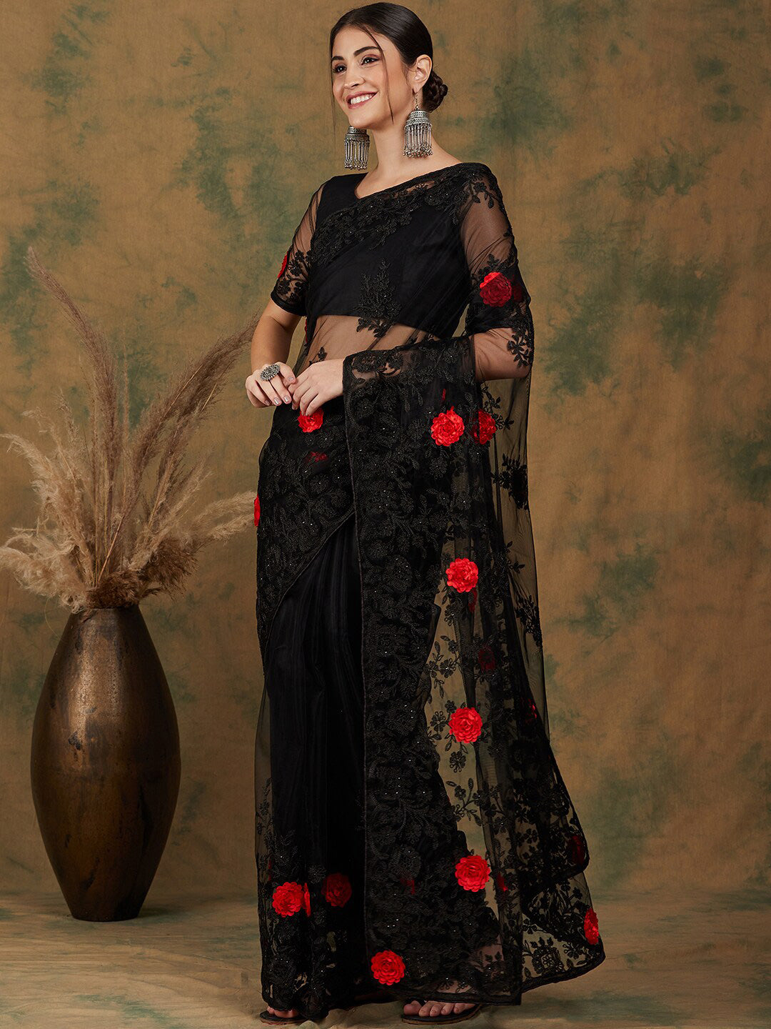Sangria Black Floral Embroidered Saree - Distacart
