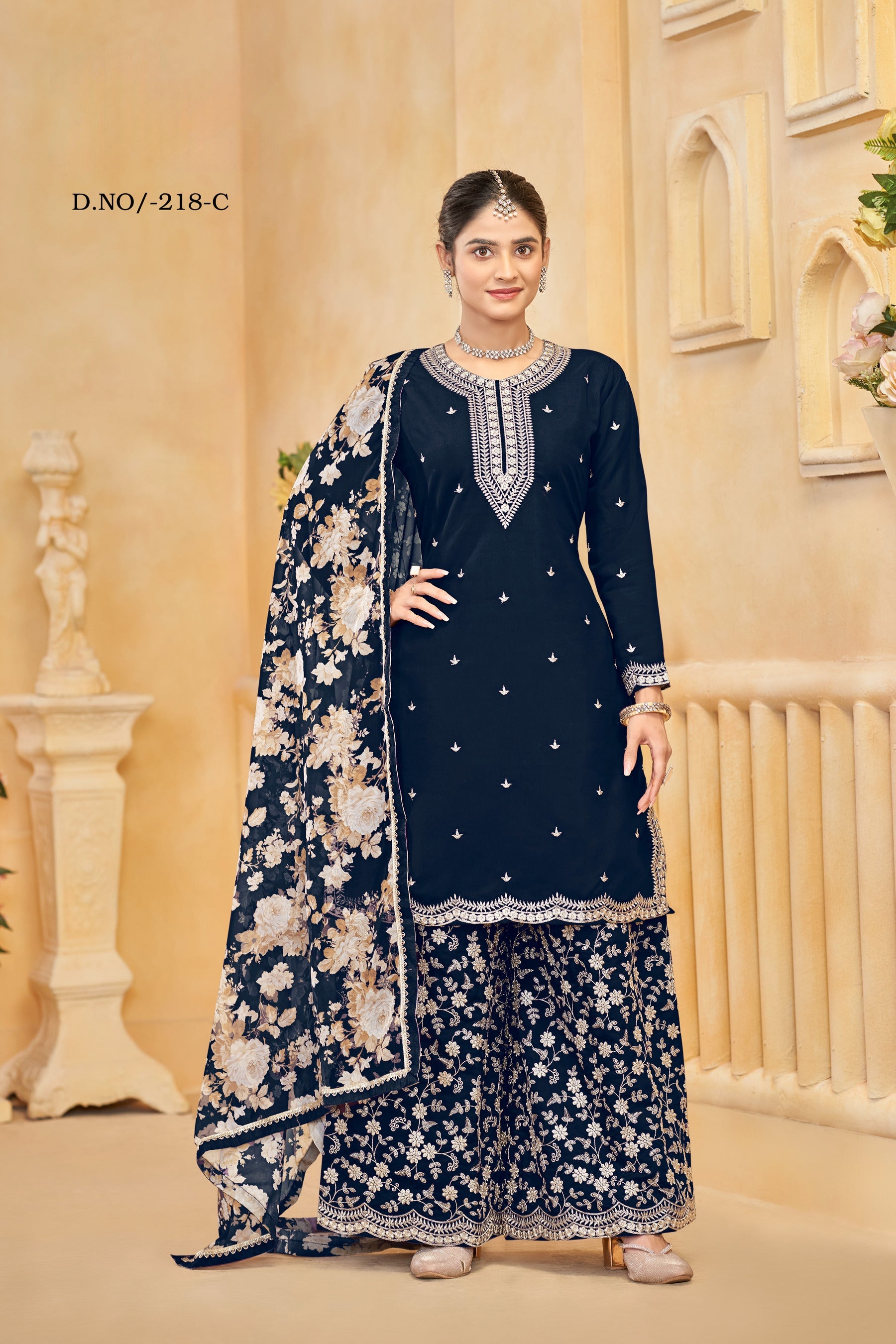 Anaita Navy Blue Roman Silk Embroidered Salwar Suit - Distacart