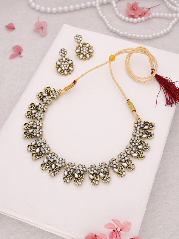 Tehzeeb Creations Luxurious Gold Polished White Colour Choker Necklace Set With Matching Earrings