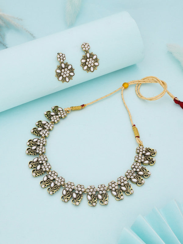 Tehzeeb Creations Luxurious Gold Polished White Colour Choker Necklace Set With Matching Earrings