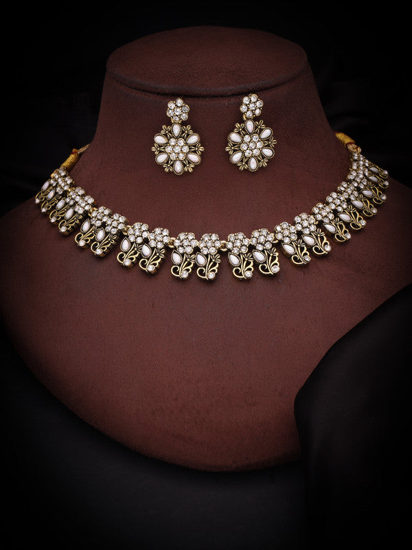 Tehzeeb Creations Luxurious Gold Polished White Colour Choker Necklace Set With Matching Earrings
