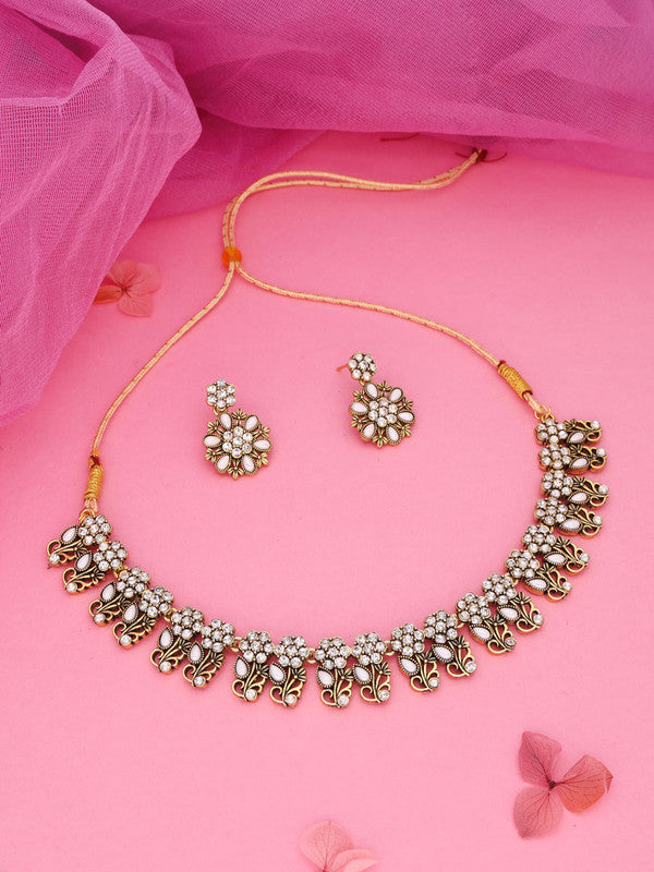 Tehzeeb Creations Luxurious Gold Polished White Colour Choker Necklace Set With Matching Earrings