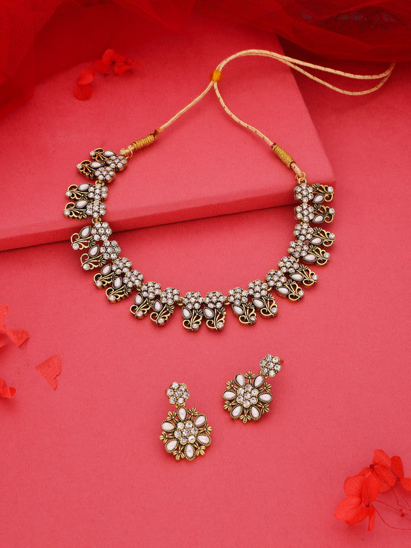 Tehzeeb Creations Luxurious Gold Polished White Colour Choker Necklace Set With Matching Earrings