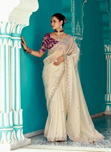 Anaita Beige Embroidery Work Saree With Jacquard Work Blouse Piece