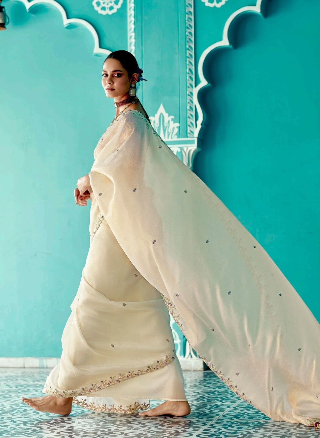 Anaita Beige Embroidery Work Saree With Jacquard Work Blouse Piece - Distacart