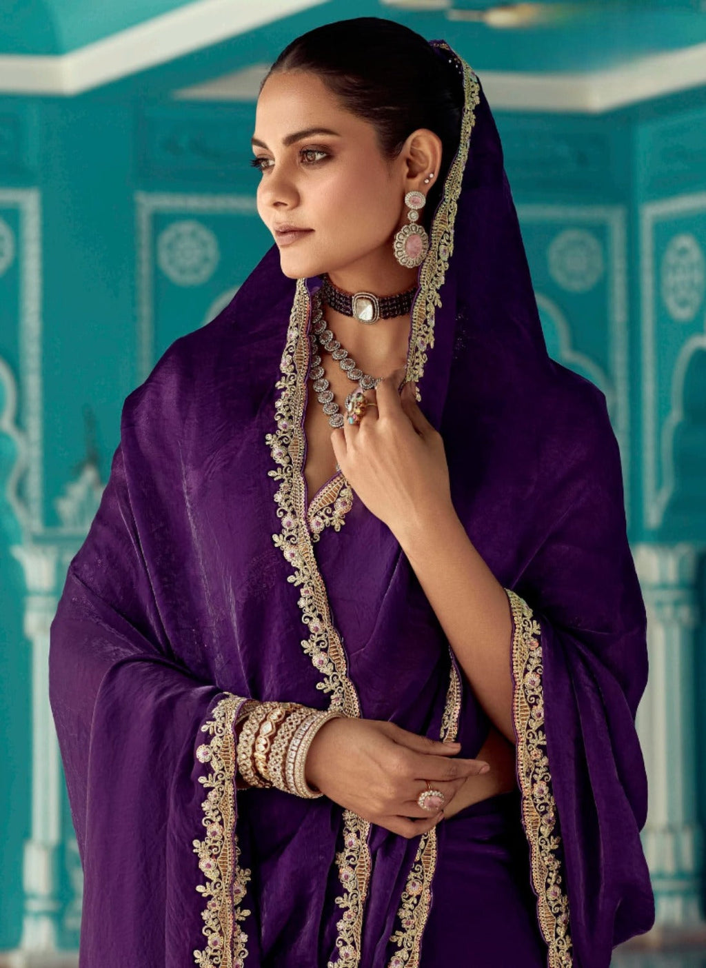 Anaita Violet Embroidery Work Saree With Jacquard Work Blouse Piece - Distacart