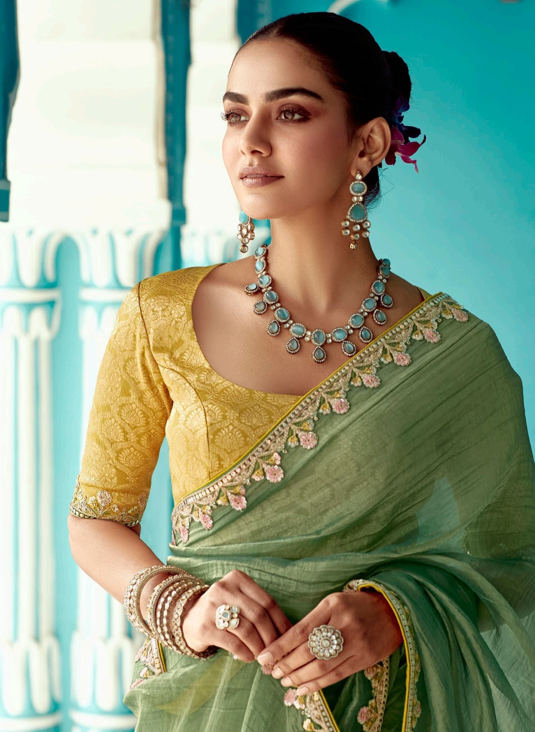 Anaita Green Embroidery Work Saree With Jacquard Work Blouse Piece - Distacart