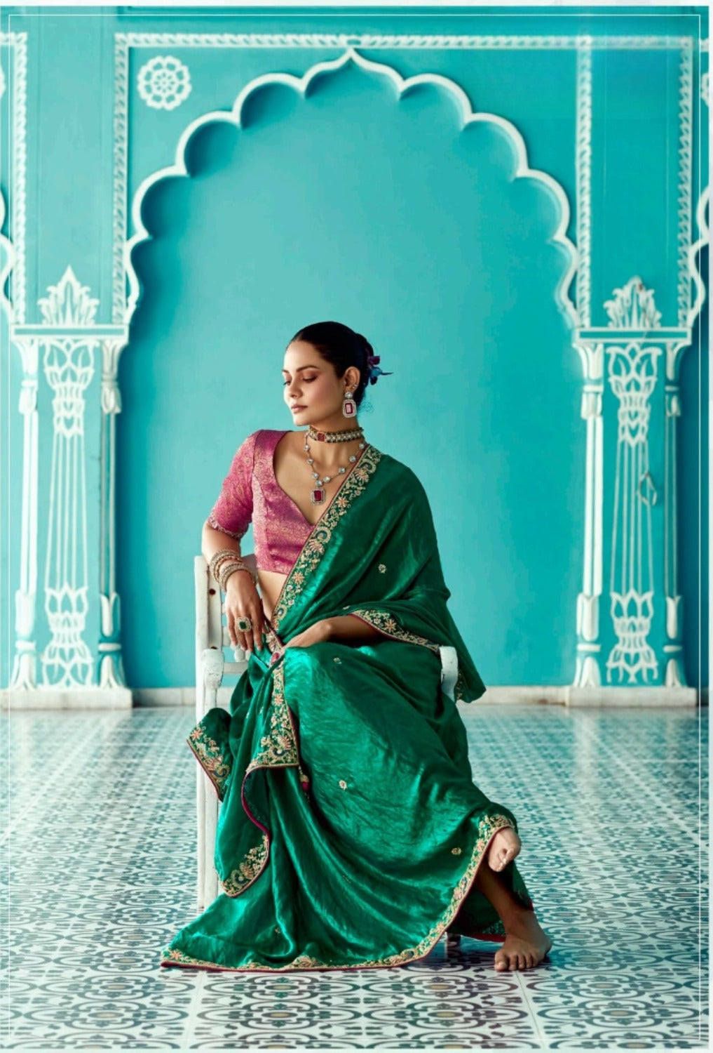 Anaita Dark Green Embroidery Work Saree With Jacquard Work Blouse Piece - Distacart