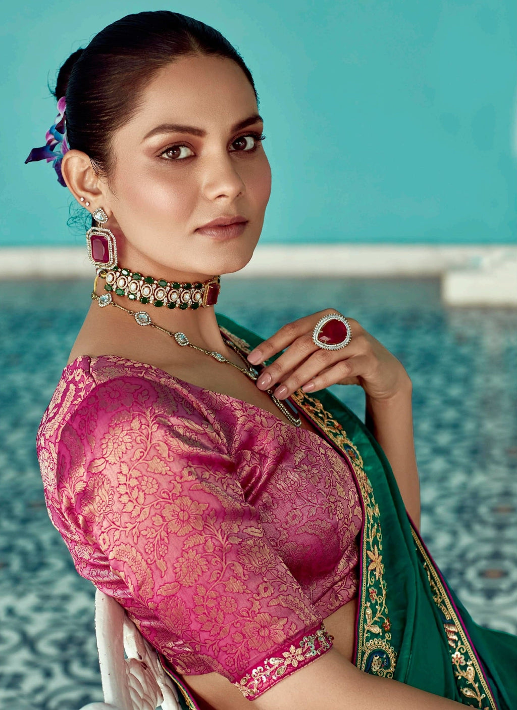Anaita Dark Green Embroidery Work Saree With Jacquard Work Blouse Piece - Distacart