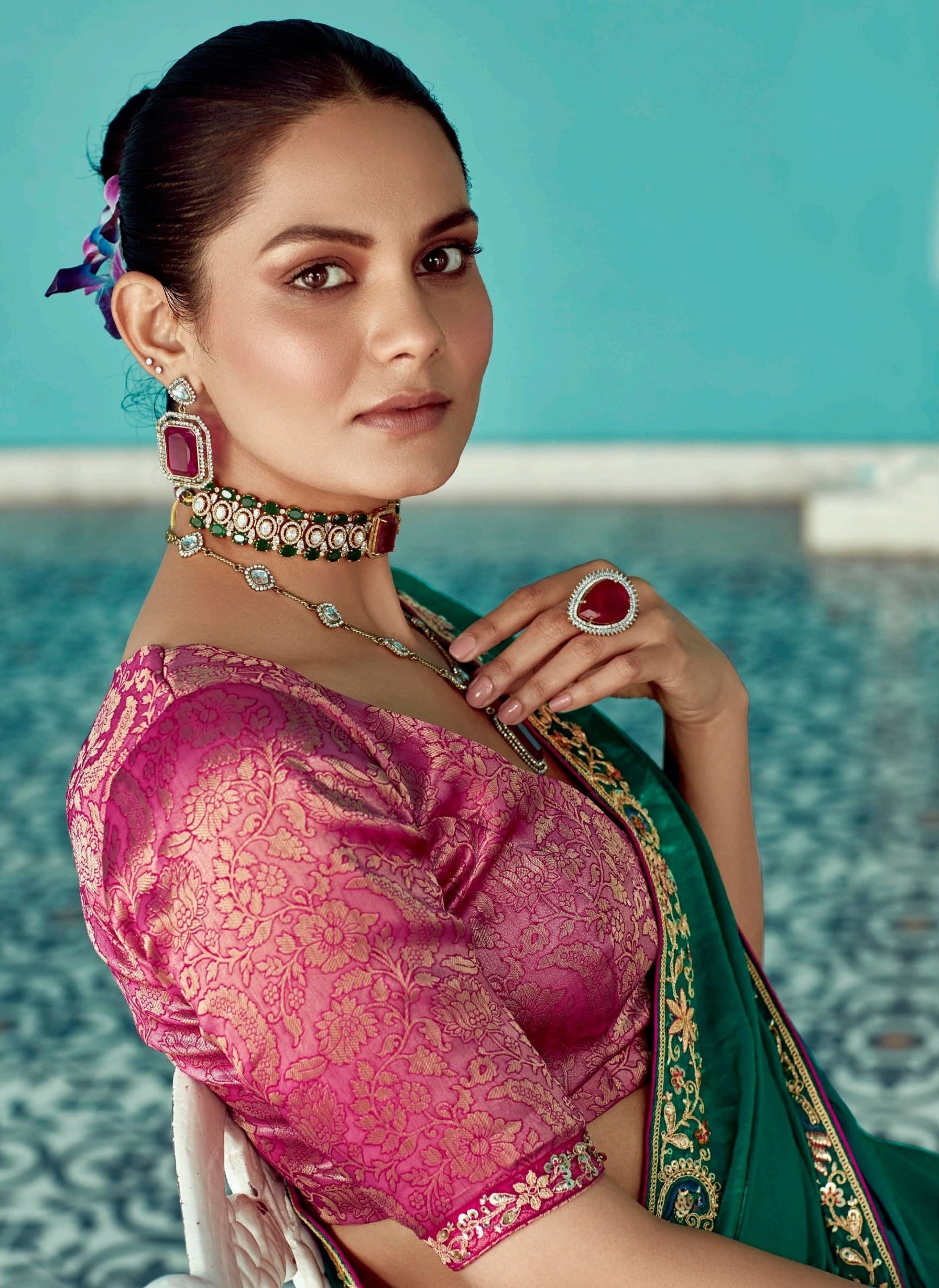 Anaita Dark Green Embroidery Work Saree With Jacquard Work Blouse Piece - Distacart