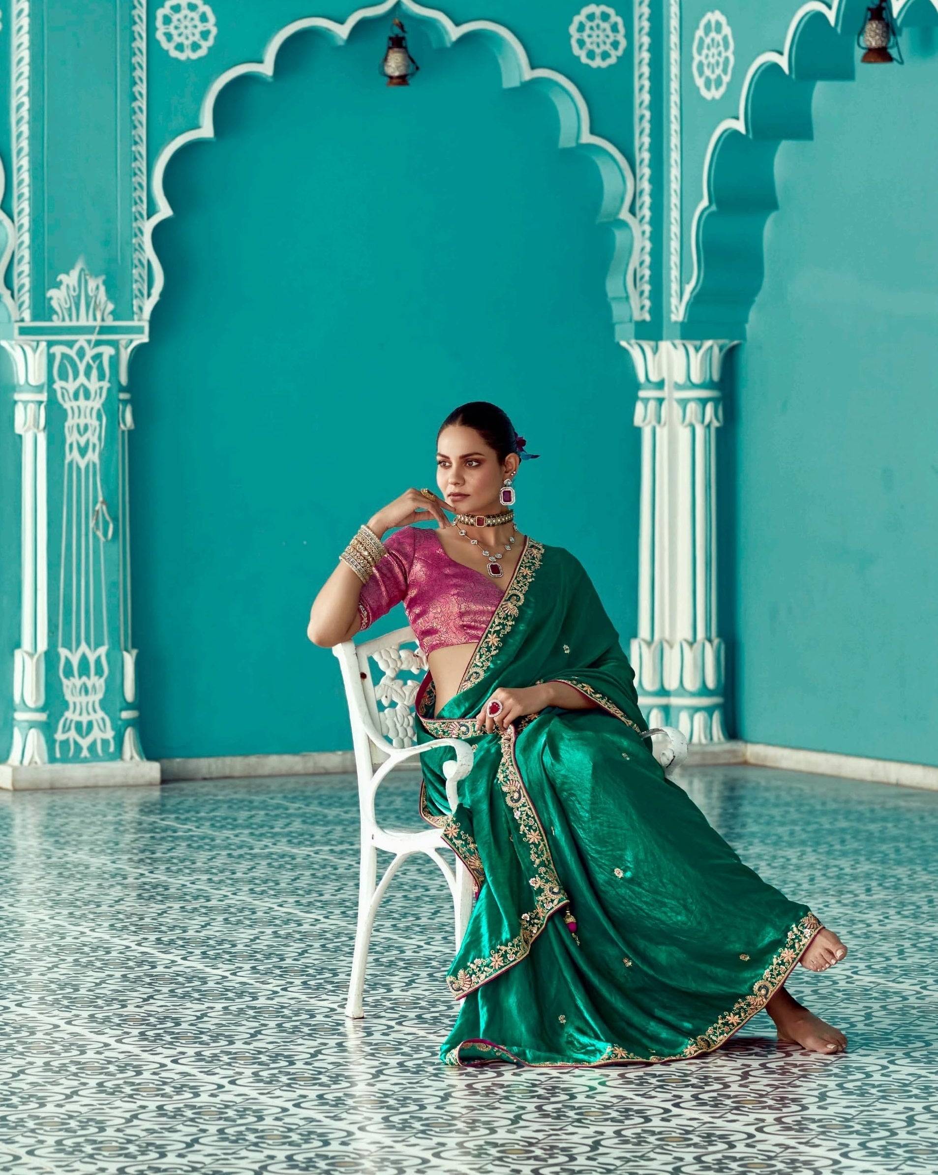 Anaita Dark Green Embroidery Work Saree With Jacquard Work Blouse Piece - Distacart