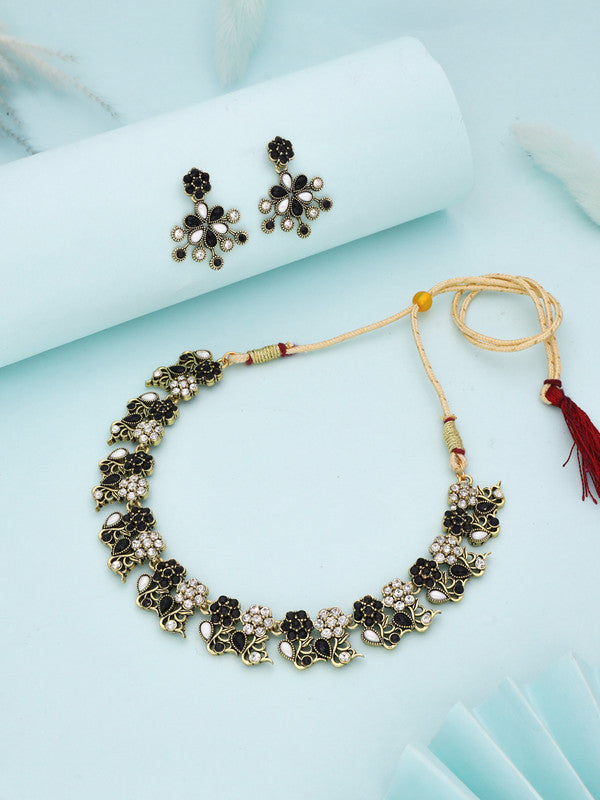 Tehzeeb Creations Luxurious Gold Polished Black &White Colour Choker Necklace Set With Matching Earrings