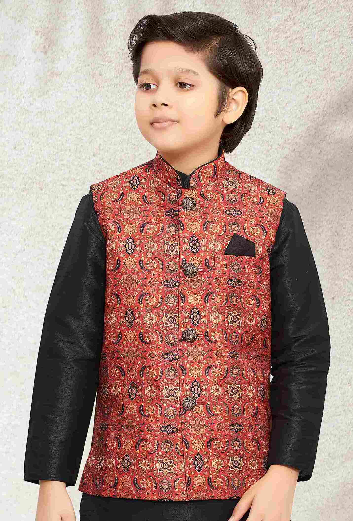 Raivat Ethnic Banarasi Silk Digital Printed Kurta Pajama With Jacket In Maroon Colour - Distacart