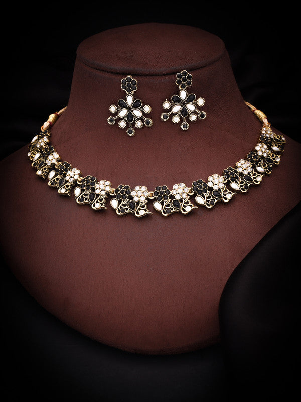 Tehzeeb Creations Luxurious Gold Polished Black &White Colour Choker Necklace Set With Matching Earrings