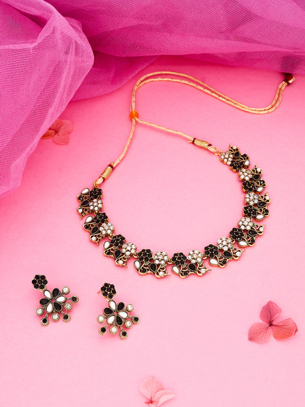 Tehzeeb Creations Luxurious Gold Polished Black &White Colour Choker Necklace Set With Matching Earrings