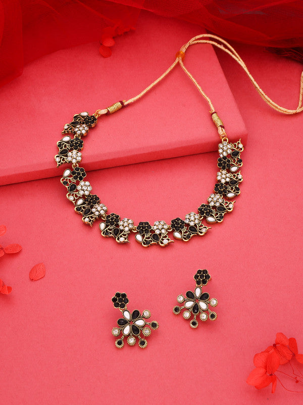 Tehzeeb Creations Luxurious Gold Polished Black &White Colour Choker Necklace Set With Matching Earrings