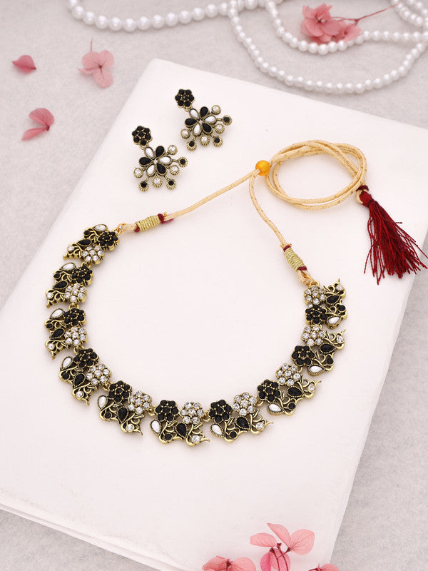 Tehzeeb Creations Luxurious Gold Polished Black &White Colour Choker Necklace Set With Matching Earrings