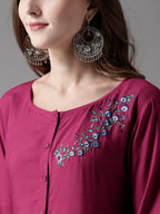 HERE&NOW Embroidered Wine Viscose Kurta