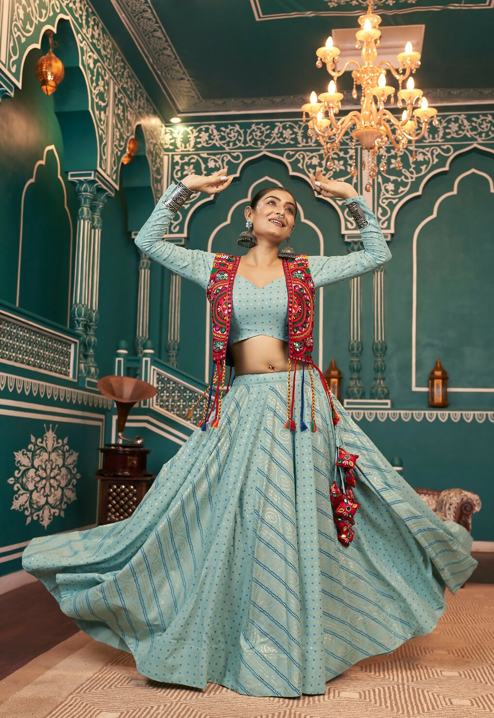 AI Fashion Pista Green Viscose Rayon Designer Navratri Lehenga Choli Collection