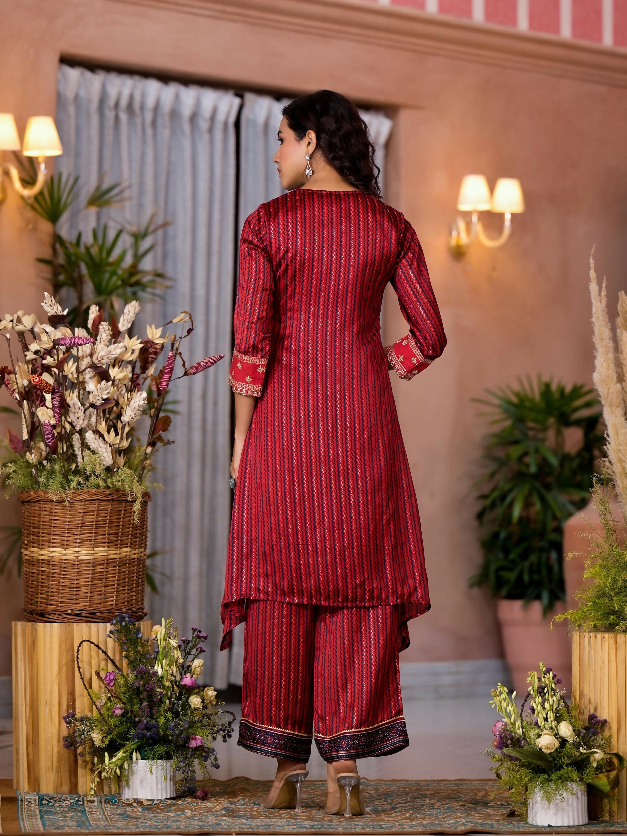 Juniper Women's Red Geometric Printed Satin Asymmetrical Kurta Pant And Dupatta Set With Zari & Mirror Work