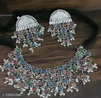 Tehzeeb Creations Women's Silver Color Oxidised Necklace Set With Multi Kundan