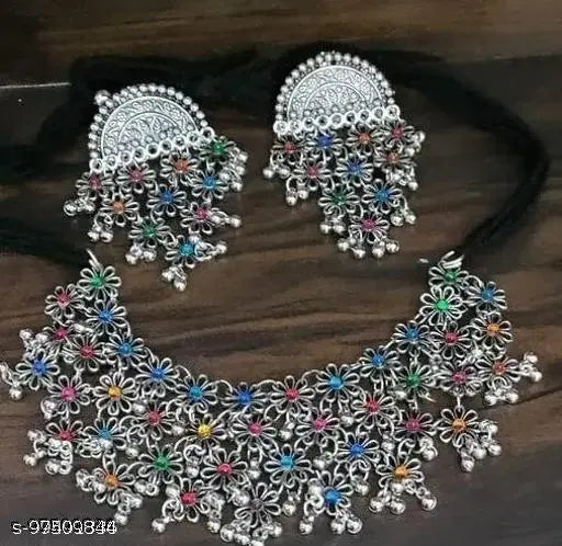 Tehzeeb Creations Women's Silver Color Oxidised Necklace Set With Multi Kundan