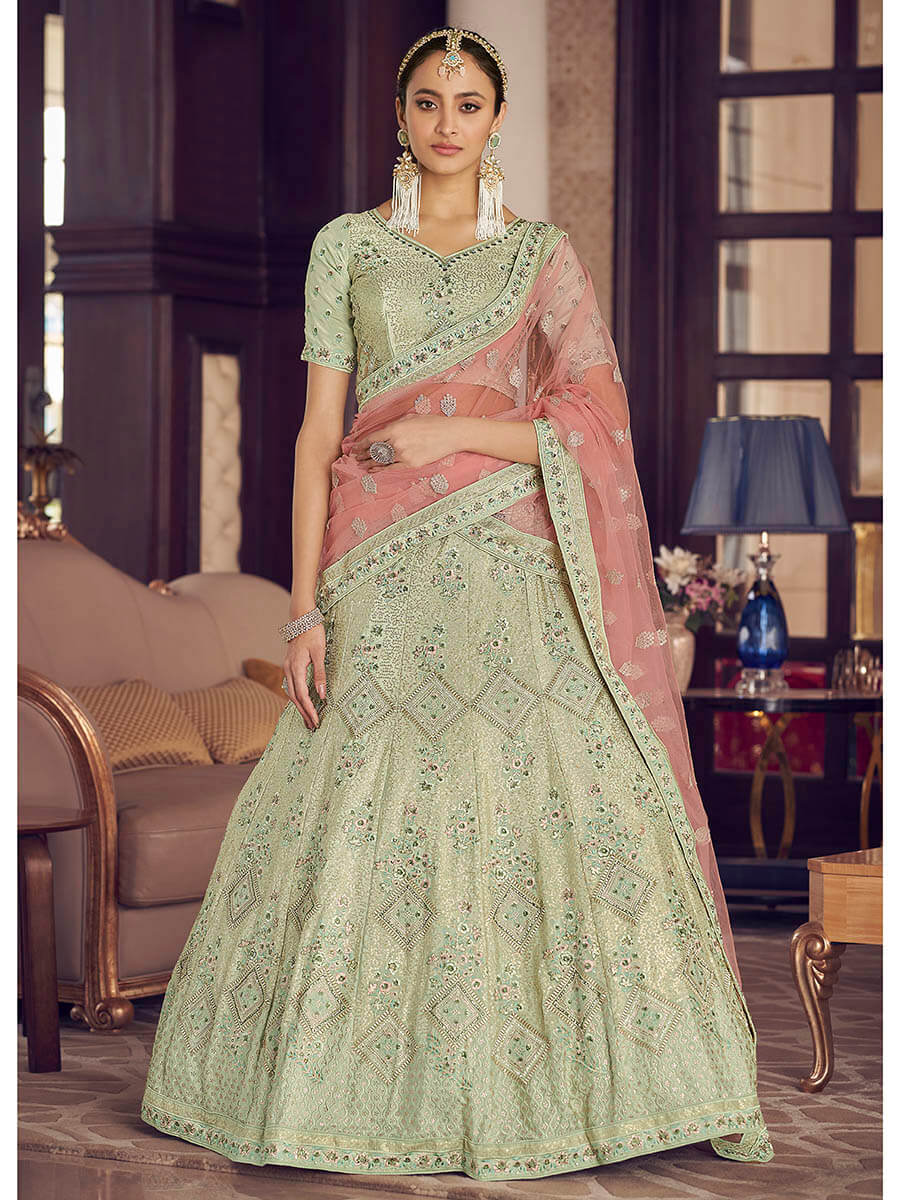 Myra Pista Green Crepe Embroidered Lehenga