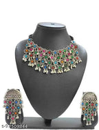 Tehzeeb Creations Women's Silver Color Oxidised Necklace Set With Multi Kundan