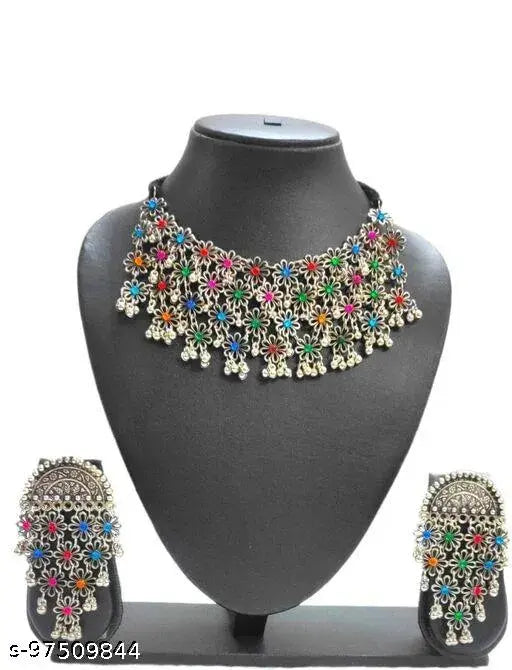 Tehzeeb Creations Women's Silver Color Oxidised Necklace Set With Multi Kundan